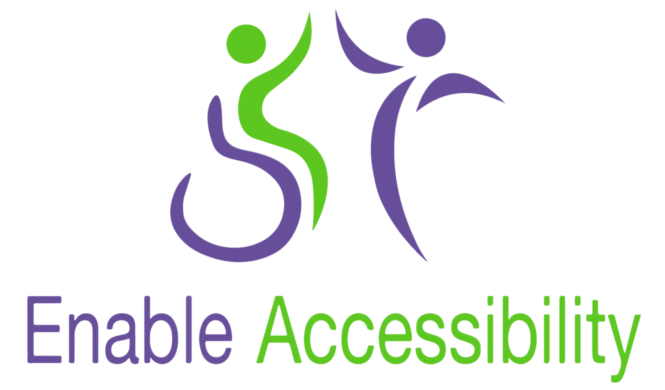 The logo colours are purple and lime green—a modern, abstract design featuring a wheelchair and a person. A person in a purple abstract design gives a high five to the wheelchair user. Underneath is the name of the company, Enable, in purple, and Accessibility is Lime green.